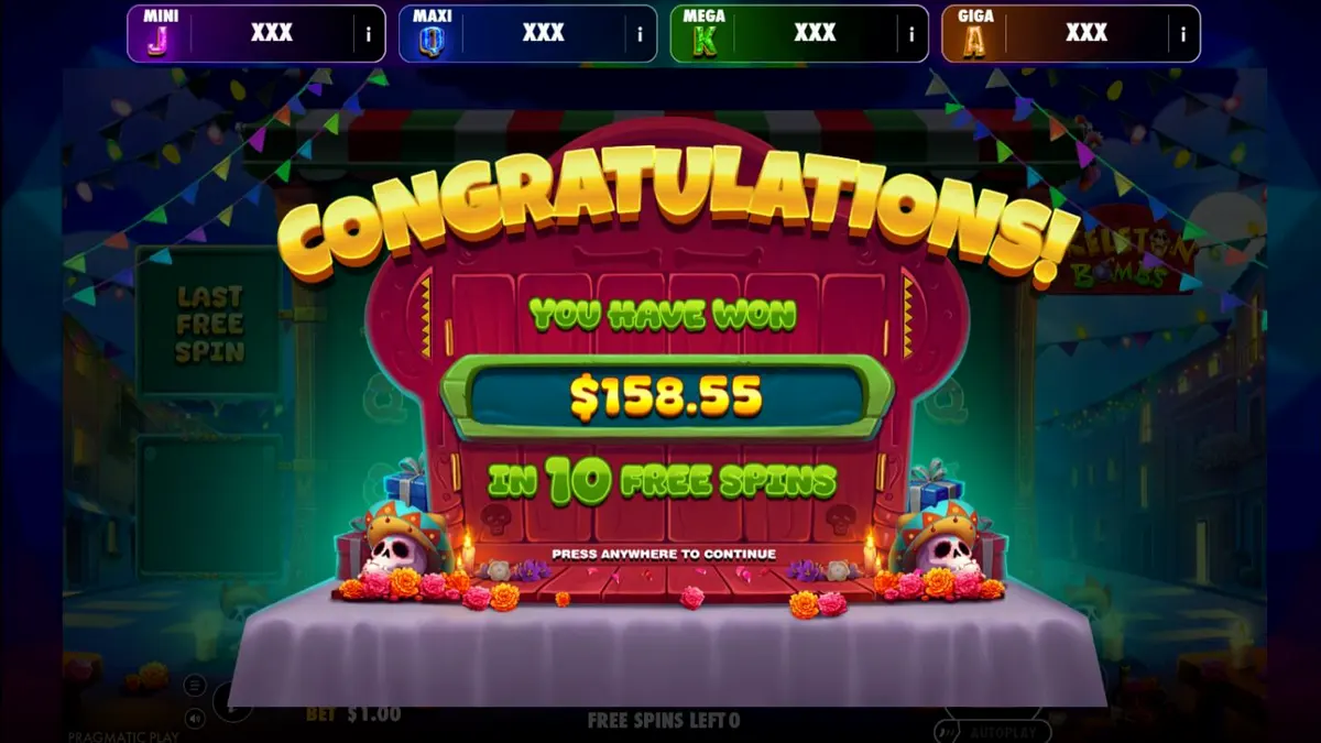 Cena vibrante do jogo de slot Skeleton Bombs com caveiras coloridas e elementos festivos mexicanos
